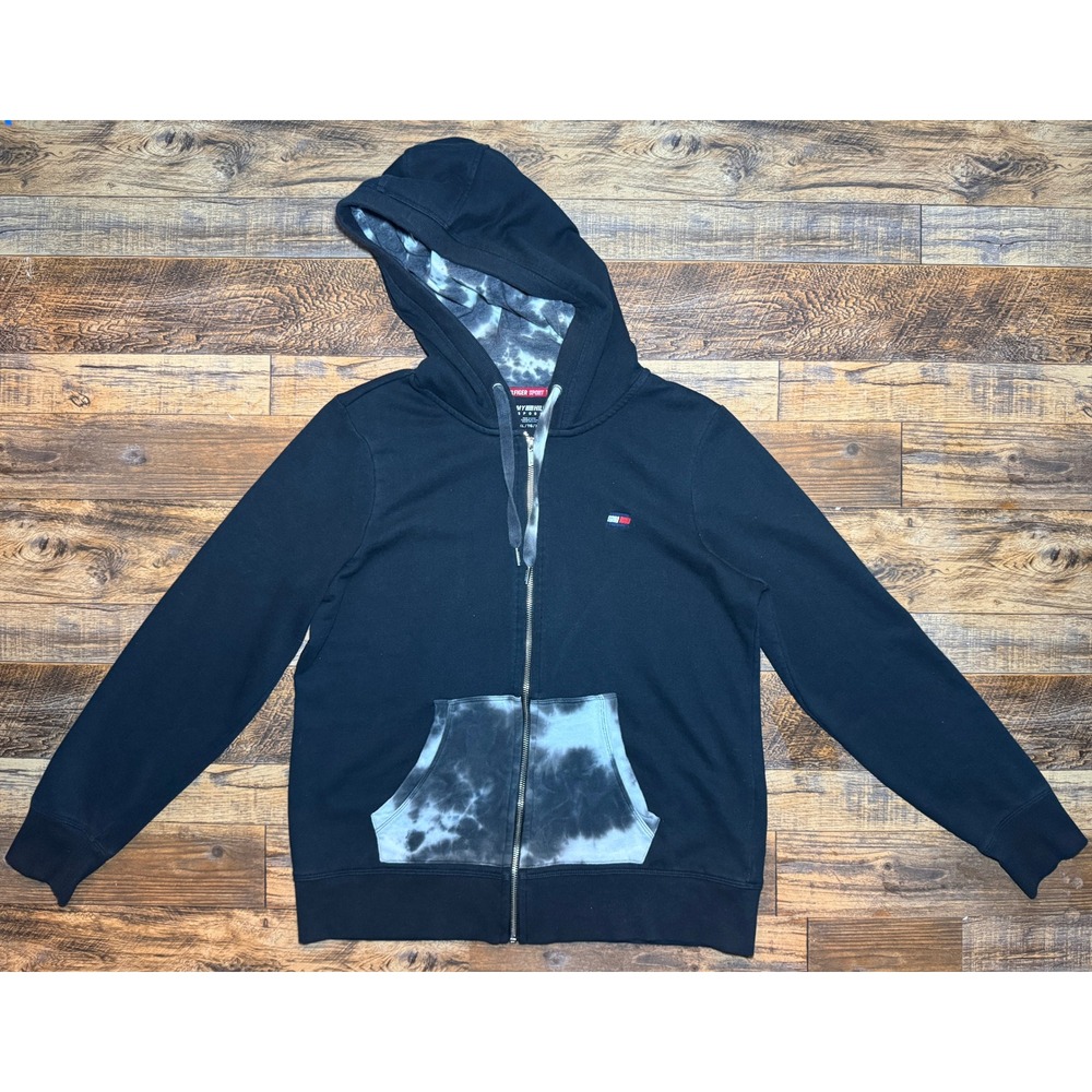 Tommy Hilfiger Sport XL Full Zip Hoodie Sweatshirt Black Tie Dye